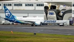 Ein Fensterteil brach heraus (siehe kl. Bild) und das Passagierflugzeug der Alaska Airlines musste in Portland notlanden. (Bild: AP, Krone KREATIV)