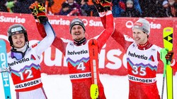 Alte Lie McGrath, Manuel Feller und Dominik Raschner (von li. nach re.) (Bild: GEPA pictures)