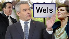 Pamela Rendi-Wagner und Christian Kern (li.) waren bereits in Wels und stellten dort den Kanzleranspruch, ÖVP-Chef Karl Nehammer wird die Messestadt am 26. Jänner 2024 besuchen. (Bild: Krone KREATIV, SEPA (2), Dostal, Wenzel)