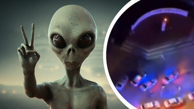 Grau, drei Meter groß und ein seltsamer Gang: Der Alien in Miami sorgte im Netz für Aufsehen. (Bild: Adobe Stock (KI), TikTok Ufonomenon, Krone Kreativ)