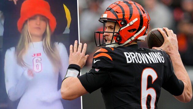 Stephanie Niles, die Freundin von Cincinnati-Quarterback Jake Browning, zog die Blicke auf sich.  (Bild: AP, twitter.com/DynastyDorks)