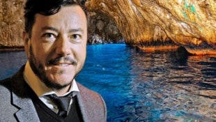 Dem Tiroler Immo-Jongleur hatte es offenbar die Blaue Grotte von Capri ziemlich angetan - er wollte sie laut „Bild“ im eigenen Keller. (Bild: APA/Hans Klaus Techt, Asim - stock.adobe.com, Krone KREATIV)