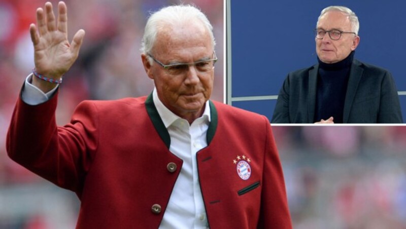 Franz Beckenbauer (li.) ist tot. Im Sky-Studio brach Reporter Uli Köhler (re.) in Tränen aus. (Bild: APA/dpa/Andreas Gebert, Screenshot Sky)