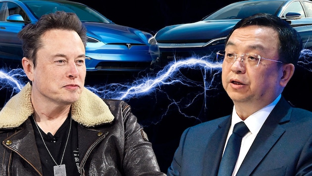 Tesla and BYD are vying for supremacy in the EU: not much comes to mind to catapult the domestic car industry forward. (Bild: BYD, Tesla, APA/Getty Images via AFP/GETTY IMAGES/Slaven Vlasic, APA/AFP/Tobias SCHWARZ, Krone KREATIV)
