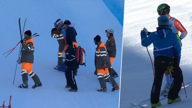 Kuriose Szene in Wengen: Kohler stürzte, sein Teamkollege von Allmen wurde bereits auf die Piste geschickt. (Bild: ORF Screenshot, Krone KREATIV)