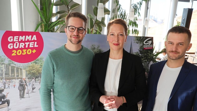 Kilian Stark, Judith Pühringer und Peter Kraus (von links nach rechts) von den Wiener Grünen präsentierten Vorschläge zur Umgestaltung des Gürtels. (Bild: Zwefo)