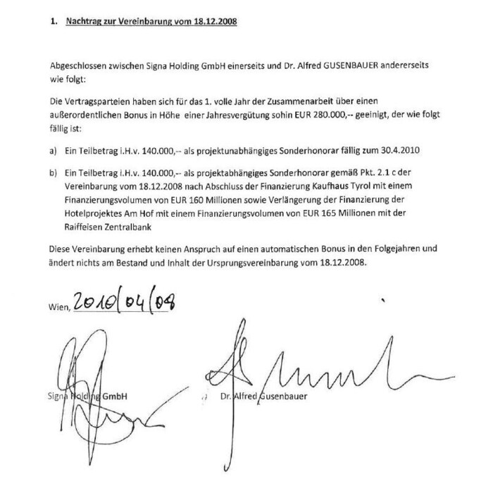 „Außerordentlicher Bonus“: Unterzeichnet von René Benko und Alfred Gusenbauer