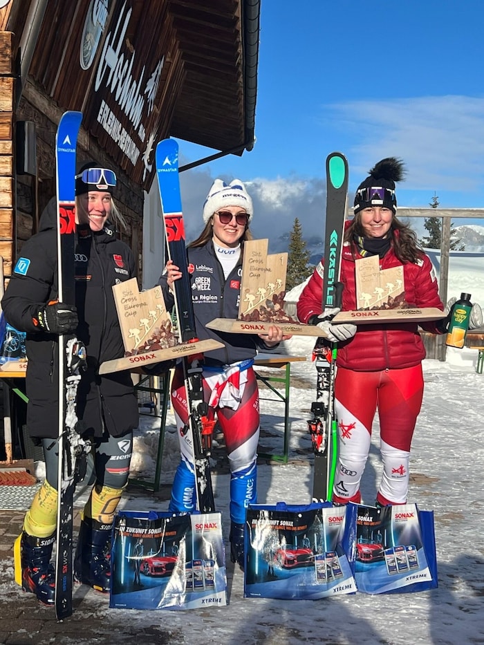 Das Euopacup-Podest auf der Reiteralm (v. l. n. r.): Vroni Redder (2.), Mylene Ballet-Baz (1.) ...
