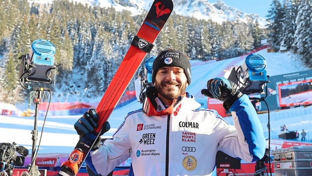 Cyprien Sarrazin (o.) fuhr beim Super-G in Wengen in einer eigenen Liga, feierte seinen ersten Sieg. (Bild: Birbaumer Christof)