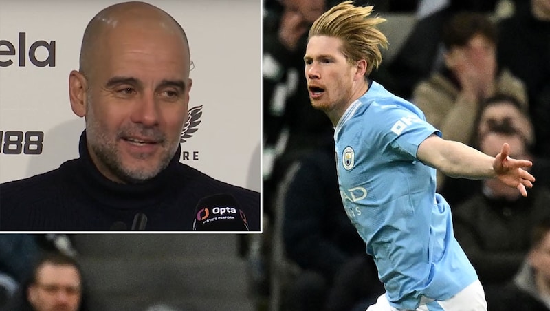 Bei Manchester City hatten Kevin de Bruyne und Trainer Pep Guardiola zuletzt nur wenig zu lachen. (Bild: APA/AFP/Oli SCARFF, Screenshot Glomex)