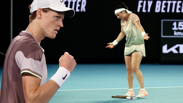 Jannik Sinner steht in der nächsten Runde, für Ons Jabeur ist das Turnier indes zu Ende. (Bild: APA/AFP/David GRAY/Martin KEEP)