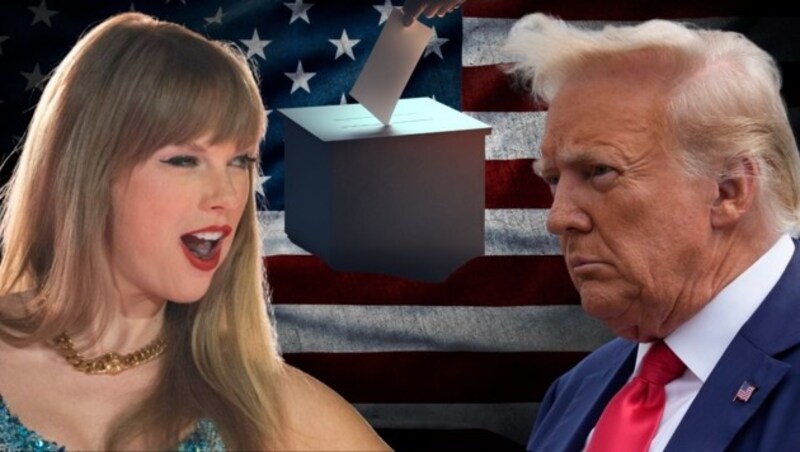 Taylor Swift könnte vor der US-Wahl zum Problem für Donald Trump werden. (Bild: APA/AFP/SUZANNE CORDEIRO, AP, Adobe Stock, Krone kreativ)