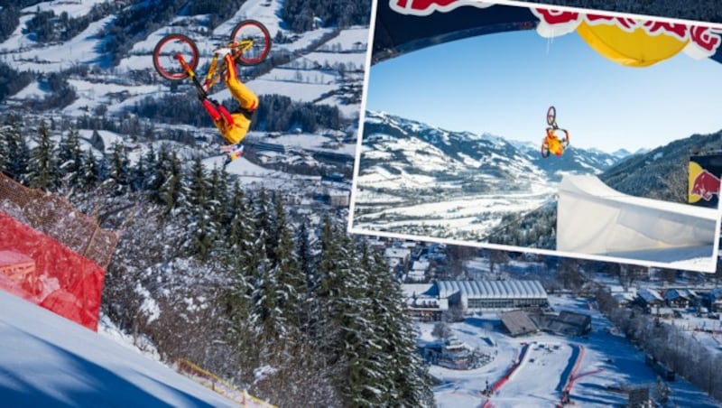 Fabio Wibmer bezwingt die Streif mit dem Mountainbike. (Bild: Philip Platzer/Red Bull Content Pool, Hannes Berger/Red Bull Content Pool )