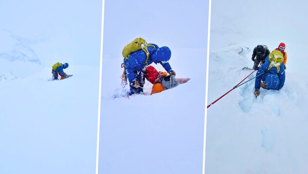 Hier sieht man die drei tschechischen Alpinisten, wie sie aus ihrer Schneehöhle klettern, in der sie stundenlang in gut 3500 Metern Höhe in der Glocknersüdwand ausharrten. 