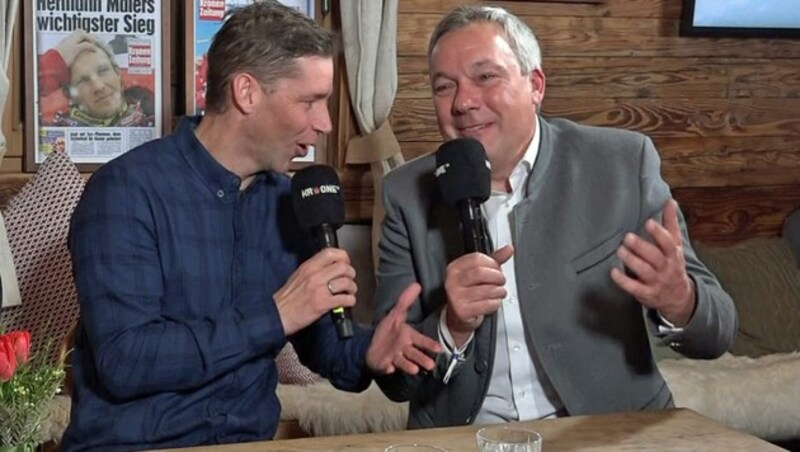 Benni Raich (li.) und Fritz Strobl liefen im „Krone“-Weltcup-Haus zur Höchstform auf. (Bild: krone.at)