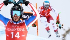 Cyprien Sarrazin (li.) jubelt in Kitzbühel. Vincent Kriechmayr konnte mit den Schnellsten nicht ganz mithalten. (Bild: GEPA, APA/BARBARA GINDL)