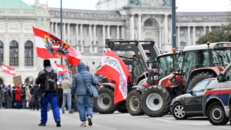 Landwirte bei der Demonstration am Ballhausplatz. Die umgedrehte Österreichflagge steht für die Ablehnung der Republik - ein beliebtes Symbol von Reichsbürgern und Rechtsextremen. (Bild: APA/HANS KLAUS TECHT)