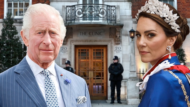 Following his prostate operation at the London Clinic, King Charles III will not resume public appointments until March. Princess Kate will even be absent for months following major abdominal surgery. (Bild: AFP, APA, AP, Krone KREATIV)