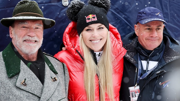 Arnold Schwarzenegger, Lindsey Vonn und Johan Eliasch (von li. nach re.)
