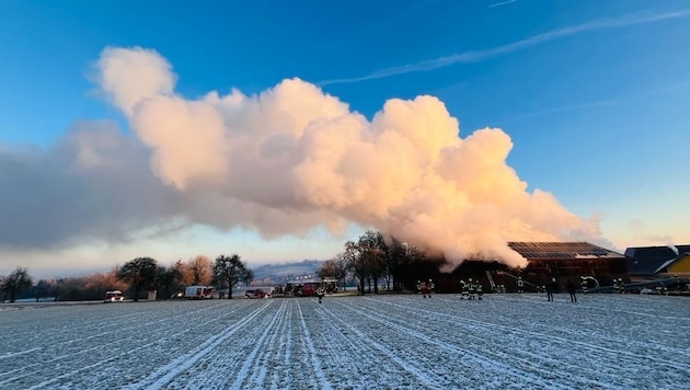 Der dichte Rauch war kilometerweit zu sehen. (Bild: TEAM FOTOKERSCHI.AT / FW Gallspach)