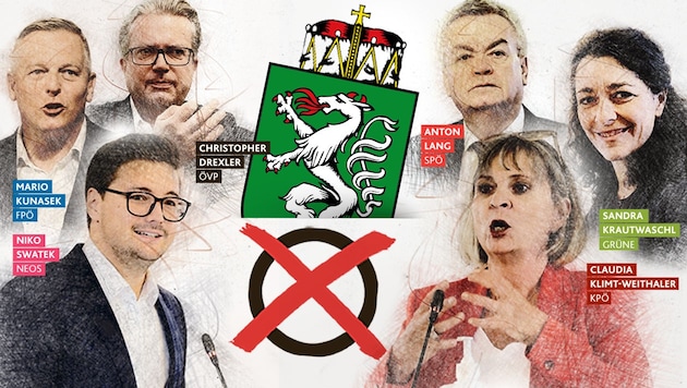 Die Spitzenkandidaten der steirischen Parteien. (Bild: Krone KREATIV, Christian Jauschowetz)