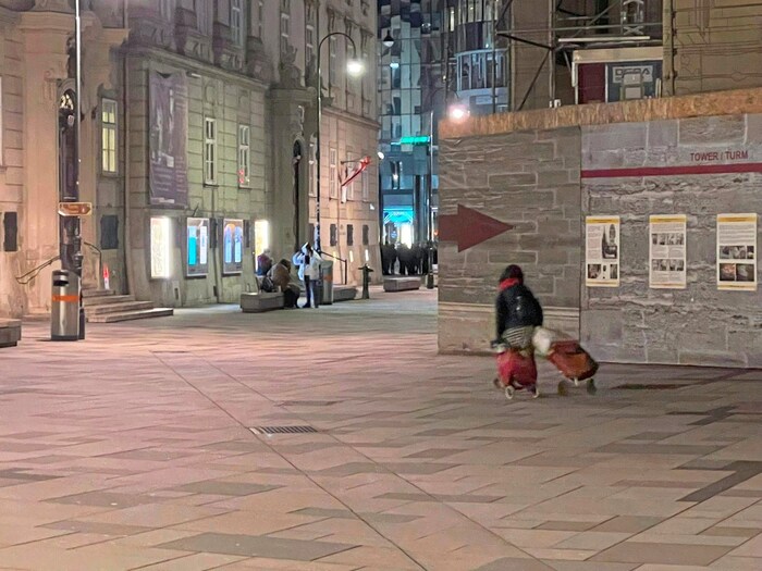 Mit ihren Habseligkeiten geht es dann in die Einkaufsstraße.