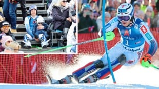 Henrik Kristoffersen mit seinem Sohnemann beim Rennen in Kitzbühel (Bild: Christof Birbaumer)