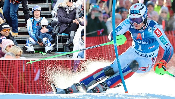 Henrik Kristoffersen mit seinem Sohnemann beim Rennen in Kitzbühel im Jahr 2024