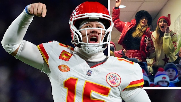 Patrick Mahomes, Brittany Mahomes und Taylor Swift (von li. nach re.) jubeln.  (Bild: AP)