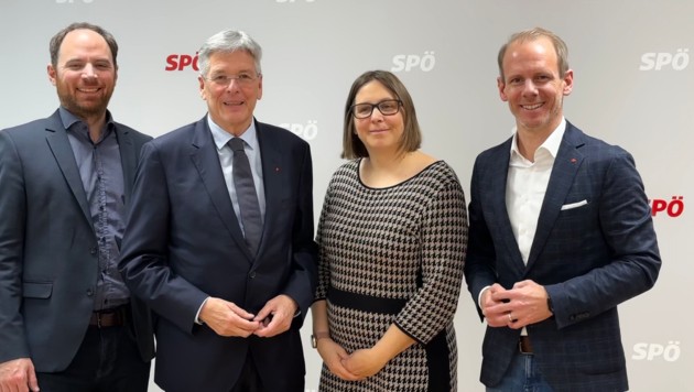 Von links: SPÖ-Bundesgeschäftsführer Klaus Seltenheim, Landeshauptmann Peter Kaiser, SPÖ-Bundesgeschäftsführerin Sandra Breiteneder und Landesgeschäftsführer Andreas Sucher (Bild: Clara Milena Steiner)