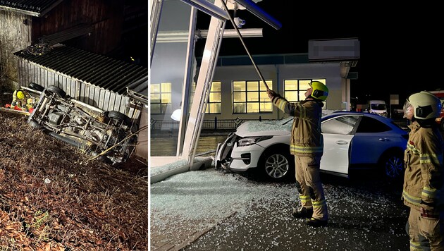 In Jenbach (li.) stürzte ein Autofahrer ab, in St. Johann krachte ein Lenker mit seinem Wagen gegen ein Firmengebäude. (Bild: zoom.tirol)