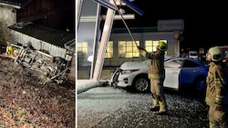 In Jenbach (li.) stürzte ein Autofahrer ab, in St. Johann krachte ein Lenker mit seinem Wagen gegen ein Firmengebäude. (Bild: zoom.tirol)