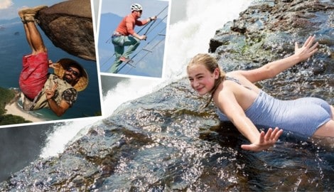 Baumelnd in Rio, kletternd im Salzkammergut, badend an Sambias Wasserfall-Kanten - überall ...