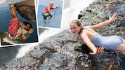 Baumelnd in Rio, kletternd im Salzkammergut, badend an Sambias Wasserfall-Kanten - überall ...