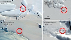 Mithilfe von Satellitenbildern haben britische Forscher in der Antarktis vier bis dato noch unbekannte Kolonien (rot markiert) von Kaiserpinguinen entdeckt. (Bild: BAS/Copernicus, Krone KREATIV)