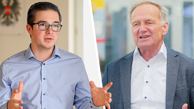 Josef Rauchenzauner (li.) ist mit 25 der jüngste Bürgermeister in Oberösterreich, sein Amtskollege Gerhard Klaffner ist stolze 71. (Bild: Markus Wenzel, Horst Einöder, Krone KREATIV)