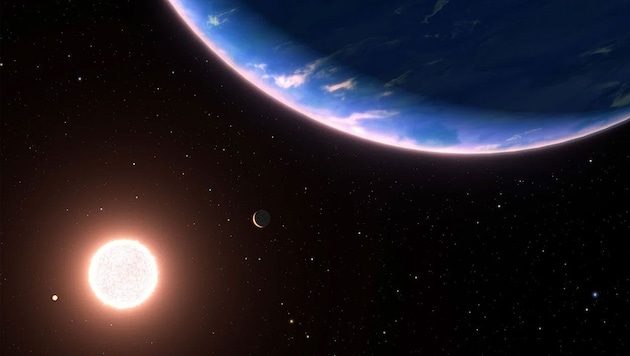 Dieses Bild zeigt eine künstlerische Darstellung des Exoplaneten GJ 9827d (oben), des kleinsten Exoplaneten, bei dem Wasserdampf in der Atmosphäre nachgewiesen wurde. (Bild: © Bild: NASA, ESA, Leah Hustak (STScI), Ralf Crawford (STScI))