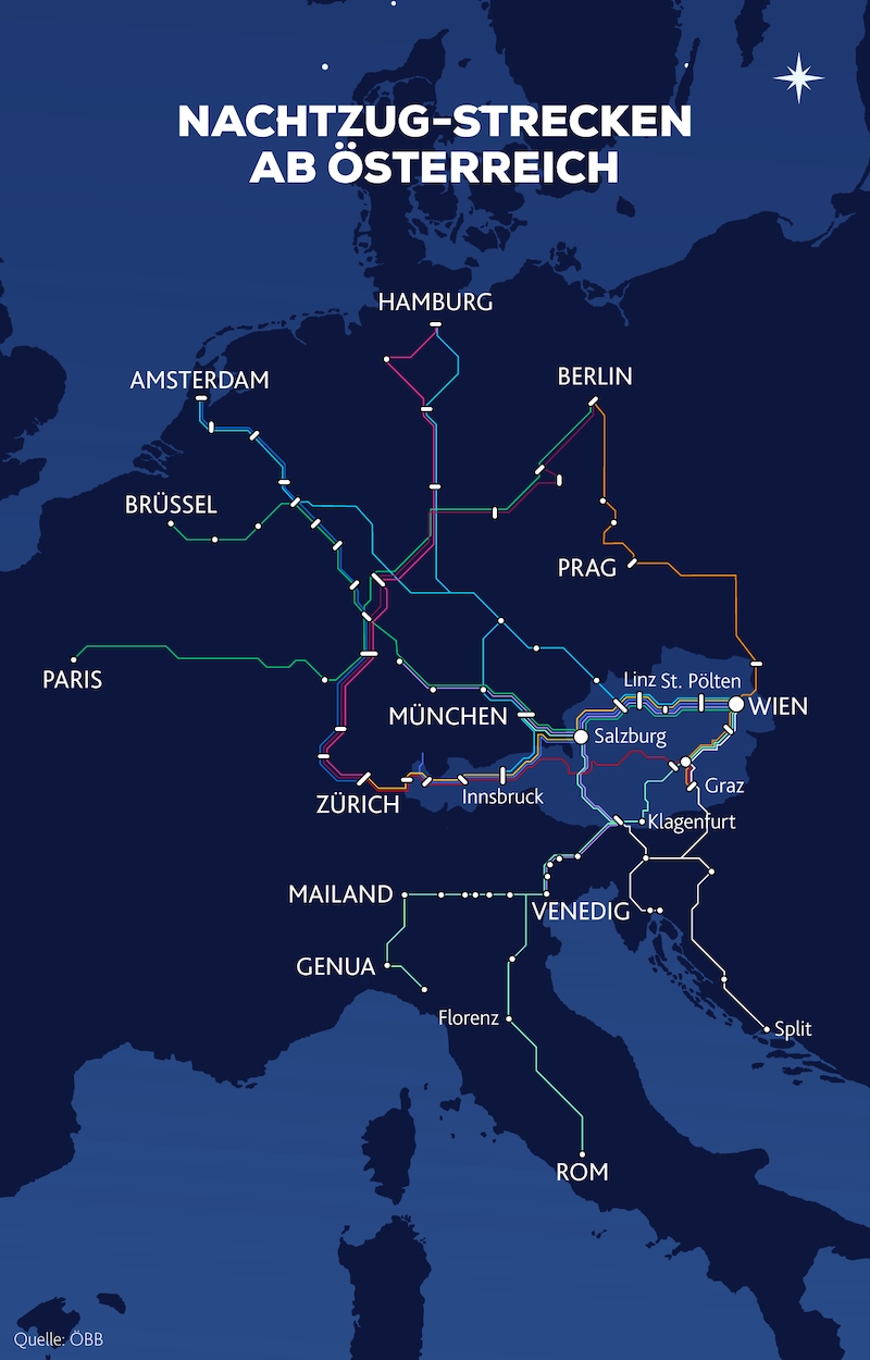 Die aktuellen Nachtzug-Verbindungen aus der Steiermark nach ganz Europa. (Bild: Krone KREATIV)