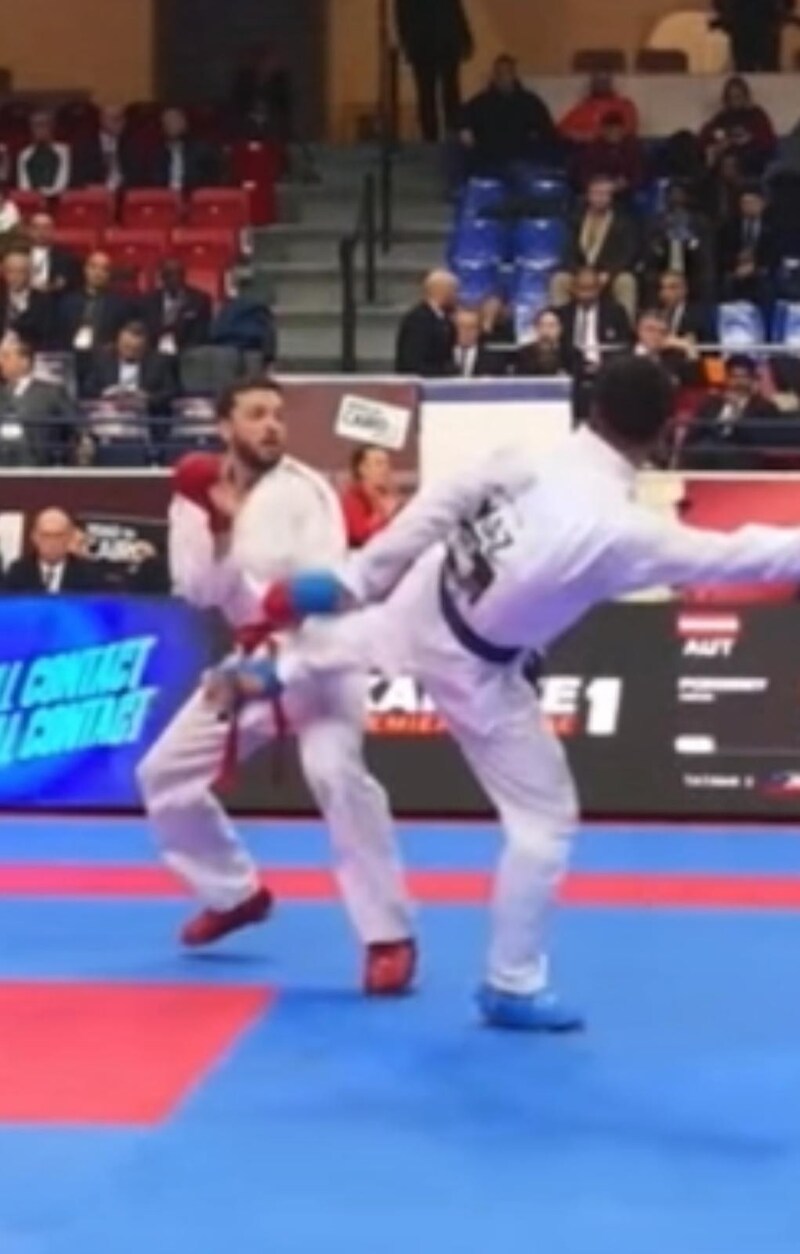 Pokorny bekam einen Tritt in den Genitalbereich. (Bild: World Karate Federation/YouTube)