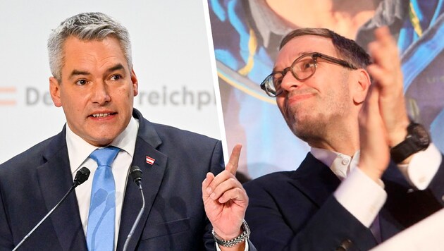 Nehammer and Kickl have been building up fronts for months - after the election, all this could be forgotten again, warns the SPÖ. (Bild: Harald Dostal, Uta Wiedergut, Krone KREATIV)