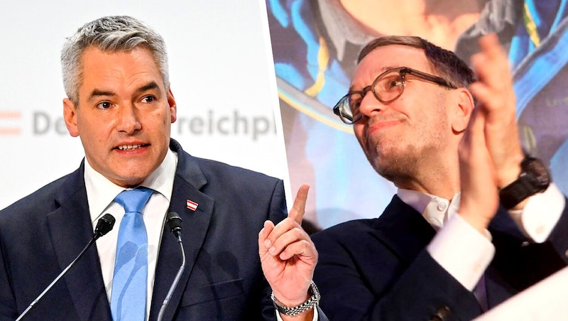 Amtierender Kanzler Karl Nehammer ÖVP (links im Bild) und Herbert Kickl FPÖ (rechts im Bild) (Bild: Harald Dostal, Uta Wiedergut, Krone KREATIV)