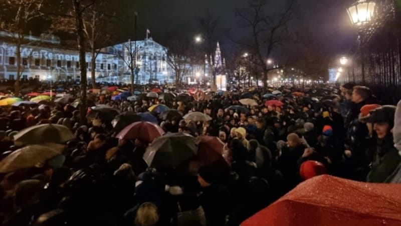 Trotz strömenden Regens versammelten sich Tausende vor dem Parlament in Wien. (Bild: zVg)