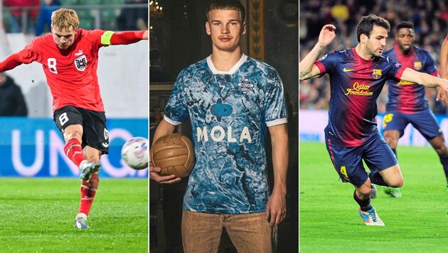 U21-Kapitän Braunöder (li.) trägt stolz den Dress von Como (Mitte), wo er von Ex-Barcelona-Star Cesc Fabregas (re) trainiert wird. (Bild: AP)