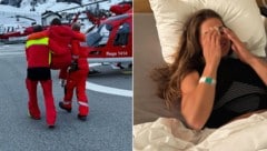 Von Sanitätern getragen und im Spitalsbett mit dem Lächeln des Verzweifelns: Corinne Suter zeigt sich ihren Fans. (Bild: Instagram.com/corinnesuter_official)