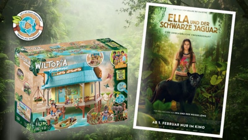 PLAYMOBIL Wiltopia besteht im Schnitt aus über 80 % nachhaltigem Material. Wir verlosen zum Kinostart (01.02.) von „Ella und der schwarze Jaguar“ eine Tierpflegestation von Wiltopia.. (Bild: © 2023MAI JUIN PRODUCTIONS - WISHING TREE PRODUCTIONS - STUDIOCANAL; Playmobil; stock.adobe.com, Krone KREATIV)