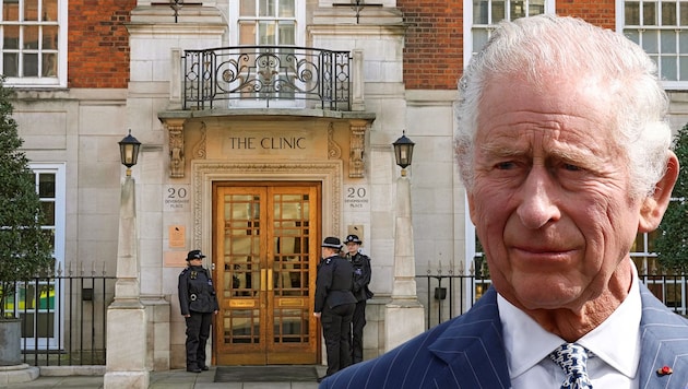 King Charles came through the operation well. The monarch spent the night after the operation in the London Clinic. (Bild: APA/Yoan Valat, Pool via AP, File, APA/AP Photo/Kirsty Wigglesworth, Krone KREATIV)