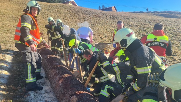 Die Einsatzkräfte befreiten den Verletzten mit vereinten Kräften. (Bild: Freiwillige Feuerwehr Schruns)