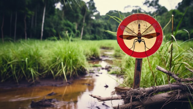 Ein Schild warnt vor einer Gefahr durch Mücken (Bild: 18042011 - stock.adobe.com)