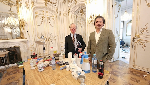 Michael Kraus mit Geschäftspartner Farbod Sadeghian (l. n. r.) im Spiegelsaal. (Bild: Gerhard Bartel)