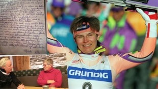 Ulli Maier wurde zweimal Weltmeisterin – 1989 fuhr sie schwanger zu WM-Gold, im selben Jahr kam Tochter Melanie zur Welt. Monika Maierhofer (links unten) schilderte „Krone“-Redakteur Georg Fraisl ihre Erinnerungen an den Schicksalstag (o.). Links oben: die Trauerrede. (Bild: APA/DPA/ZDF, Andreas Tröster)